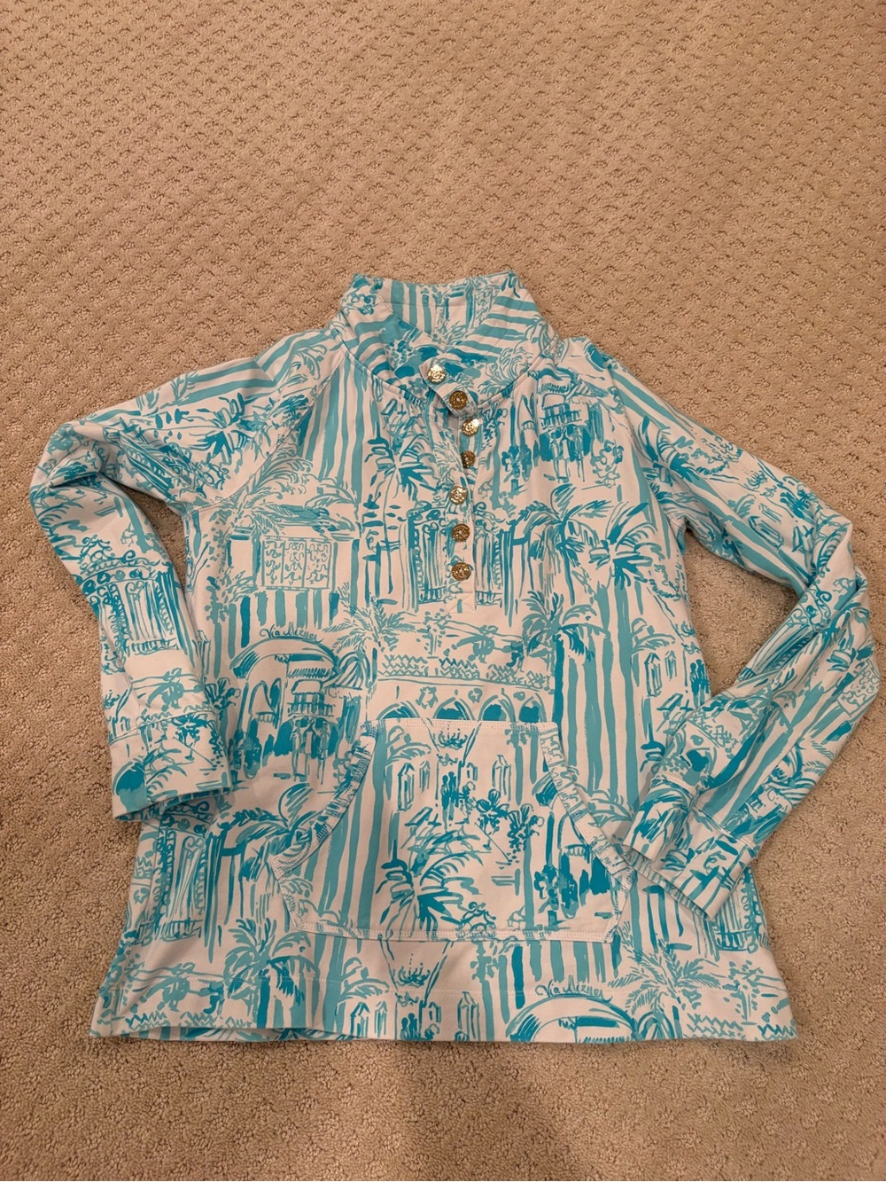Lilly Pulitzer Turquoise and White Button-Front Popover Captain Palm Beach Print